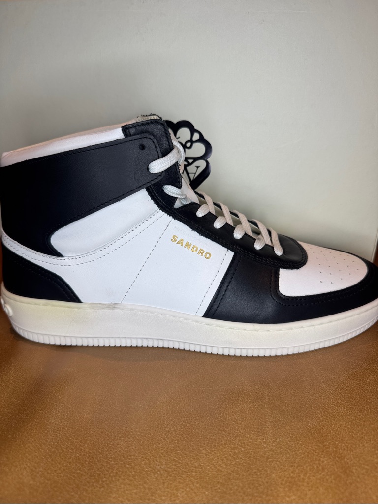 Sandro Men’s Black And White High-Top Retro Hi-Top Leather Sneaker Nib